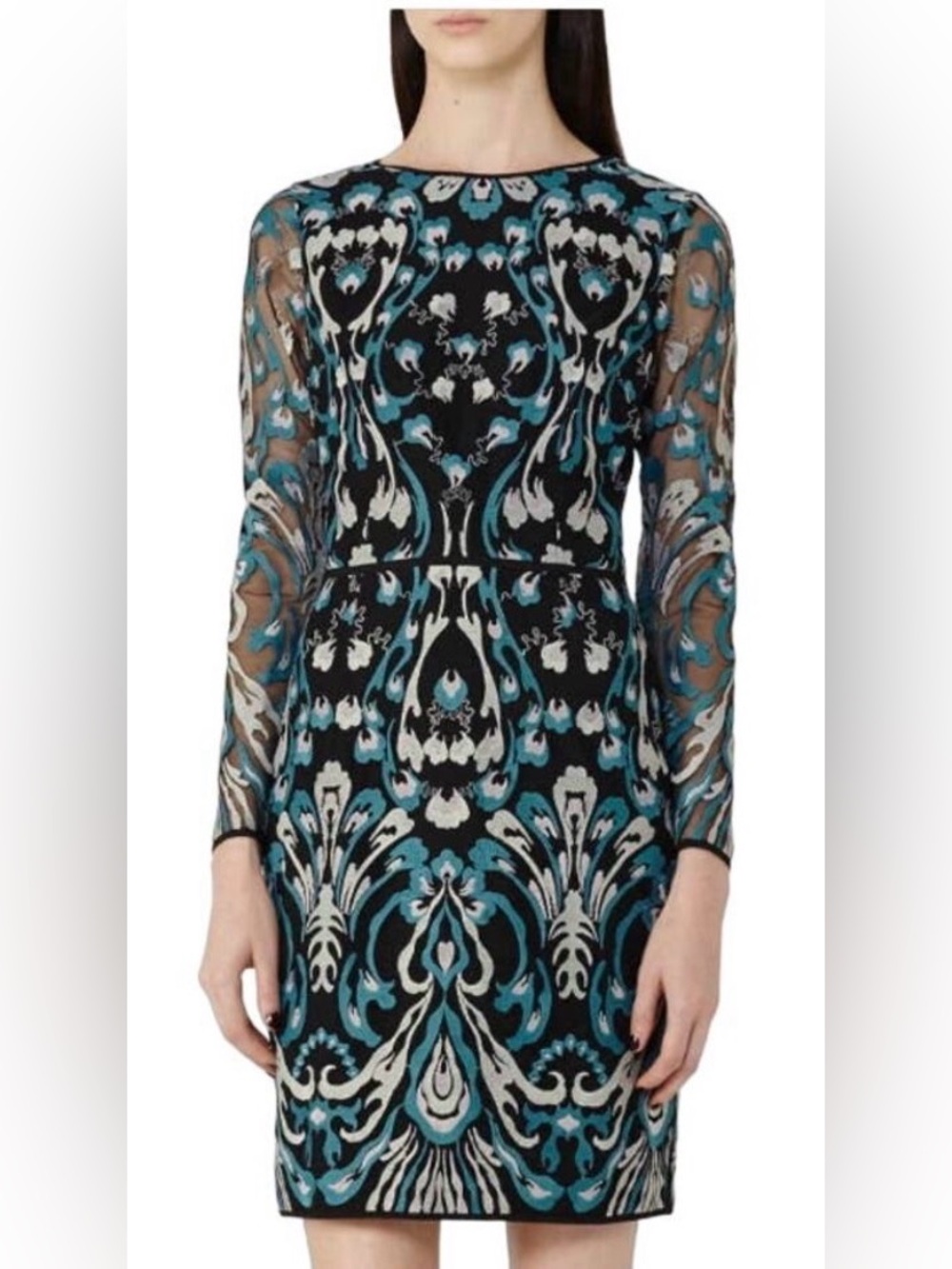 Reiss Alianna Black and Teal Embroidered Long Sleeve Dress Size 6